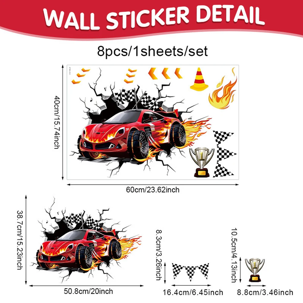 3D Racing Car Wall Decals for Kids Room Monster Truck Break Through Wall Sticker Peel Decal for Baby Boys Bedroom Playroom Decor view 2