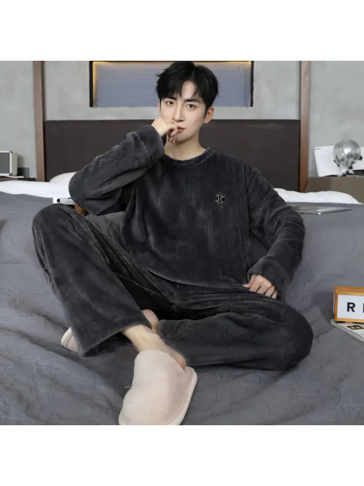 Thickened Flannel Sleepwear Coral Fleece Home Clothes Set for Men Spring Autumn Winter Style Casual Loose Fit Long Sleeve