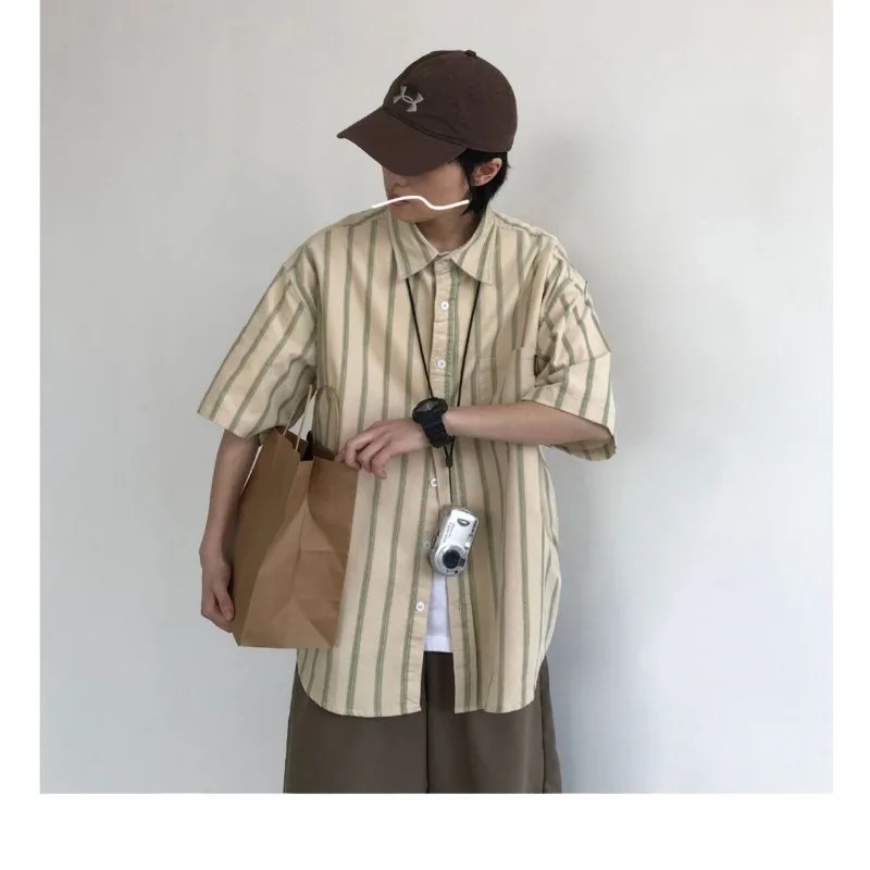 

Men's Casual Loose Striped Shirt Oversized Half Sleeve Button Down Cotton Blend Top