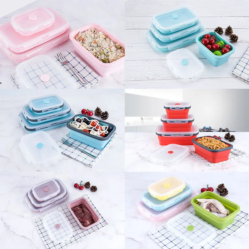 4Sizes Silicone Collapsible Lunch Box Food Storage Container Colorful Microwavable Portable Picnic Camping Rectangle Outdoor Box