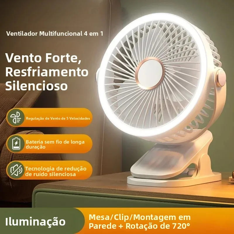 Ventilador portátil com clipe e luz LED, 720 °   Ventilador Mini USB Recarregável com Rotação, Ventilador Silencioso de 5 Velocidades para Casa, Escritório e Camping