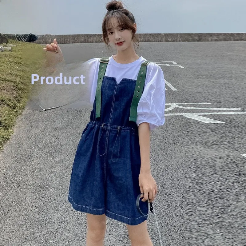 Faionable Wide Leg Denim Overalls Women's Summer New Loose Casual Pants High Waist Korean Sle  Color ket Design