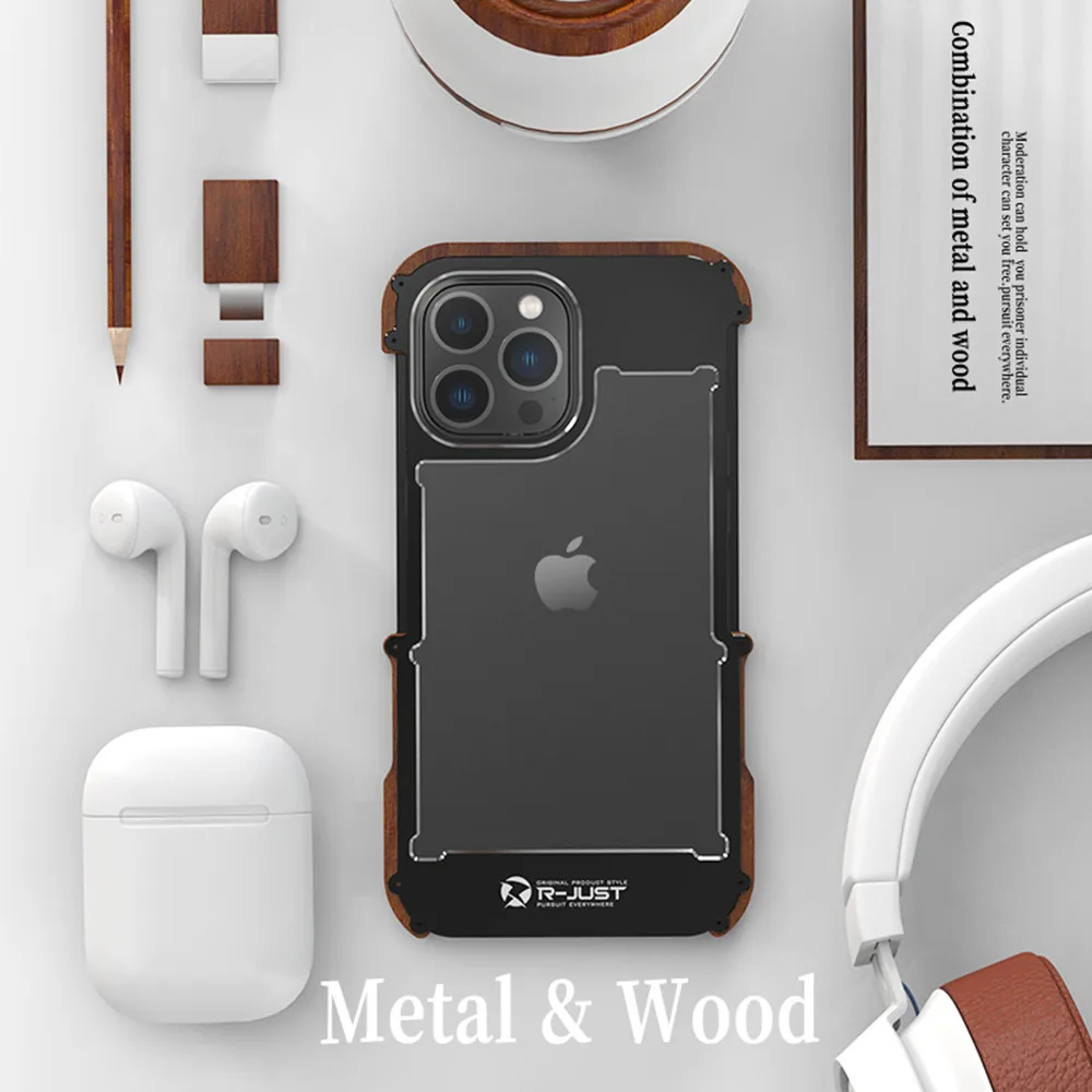 Iron Wood Case for iPhone 14 Pro Max 15 Pro 13 12 11 XS Max XR X Aviation Aluminum Alloy Bumper Metal Cover for iPhone 13 Mini