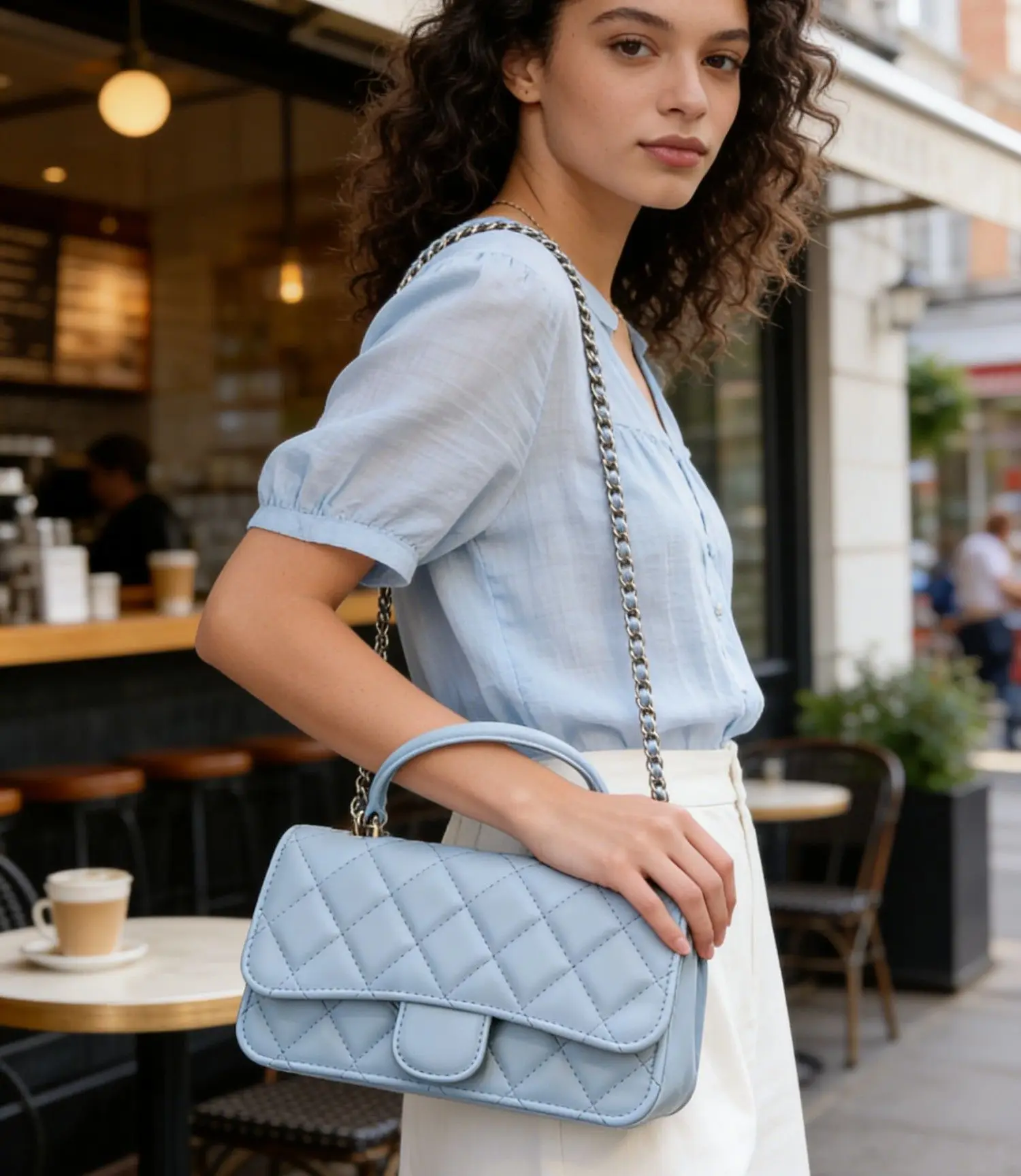 

Светло-голубая стеганая сумка с цепочкой и верхней ручкой, стильная кожаная сумка через плечо для женщин, идеально подходит для шопинга