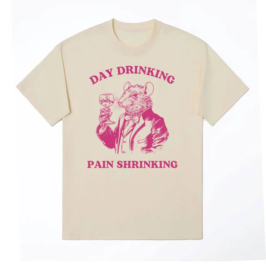 Day Drinking Pain Shrinking Vintage Rat Drawing T Shirt Funny Rat Meme Cartoon T Shirts Men Women Gothic 100% Cotton T-shirt Y2k