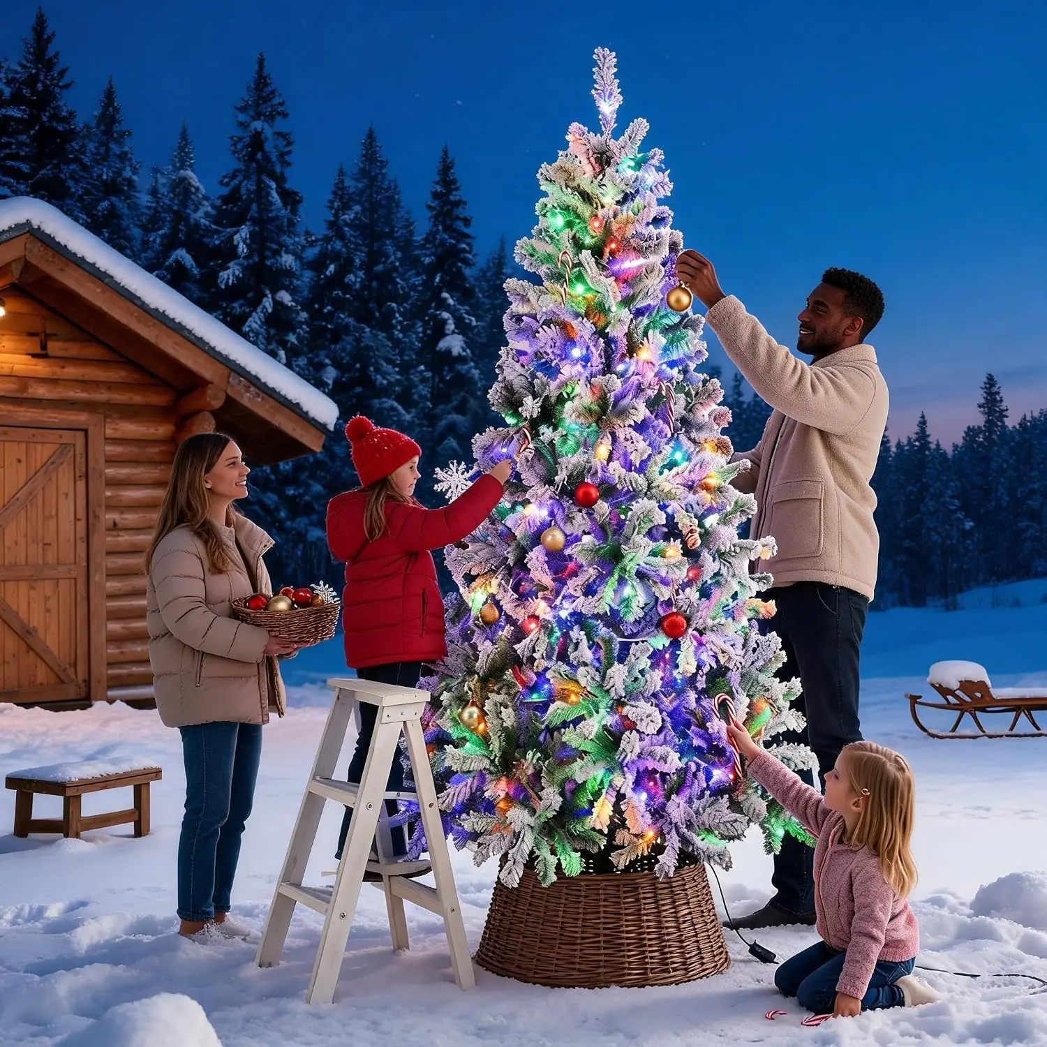 Outdoor Patio Decor 6 Ft Pre Lit Snow Flocked Christmas Tree with 250 Dual Color LED Lights Warm White and Multicolor 11 Lighting Modes 800 PVC Branch Tips Hinged Branches and Folding Metal Stand for Indoor Holiday Decor