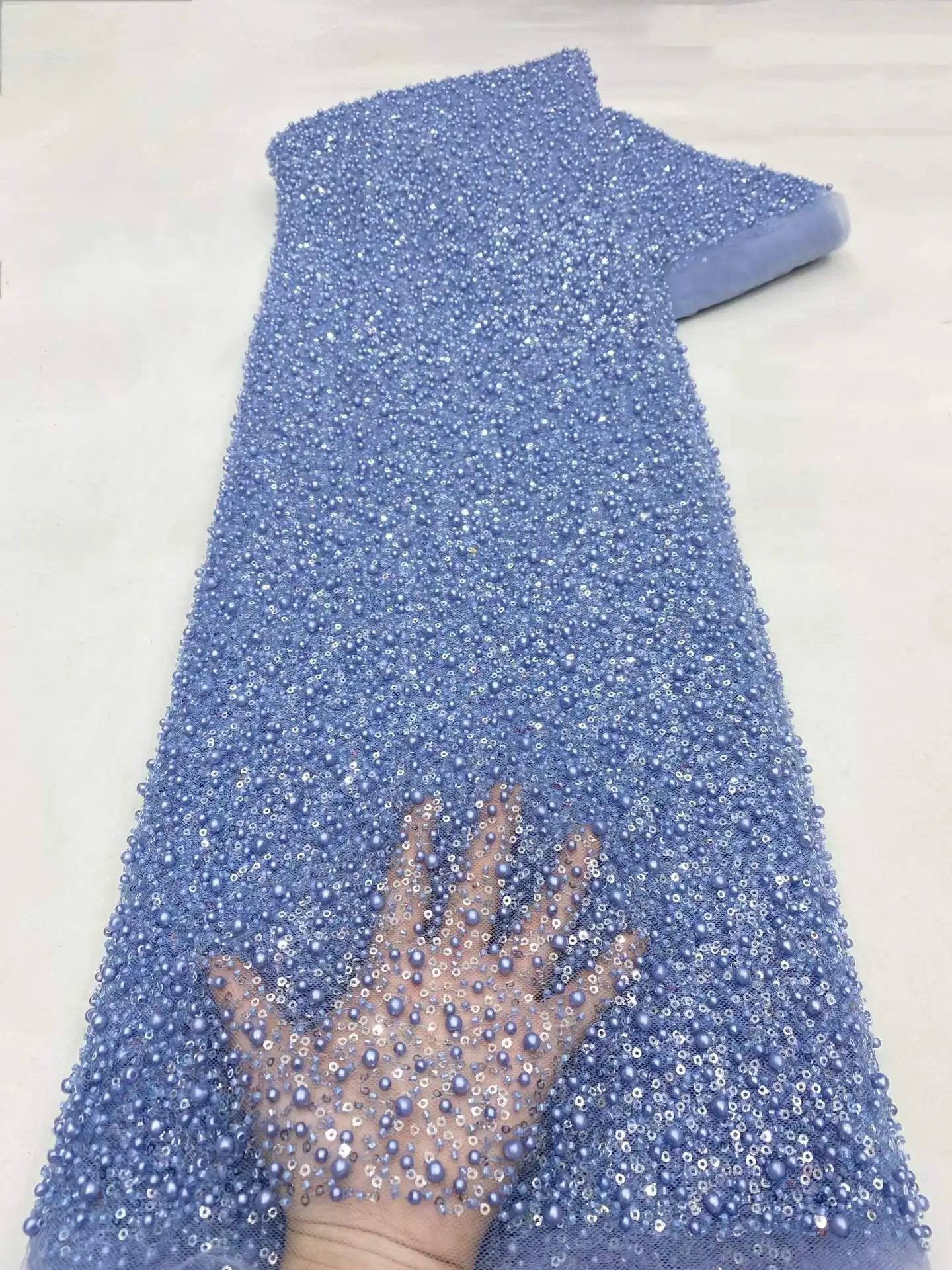 

Wholesale African Handmade Beaded Lace Fabric 2026 France Sequins Nigerian Embroidery Bridal Mesh for Sewing