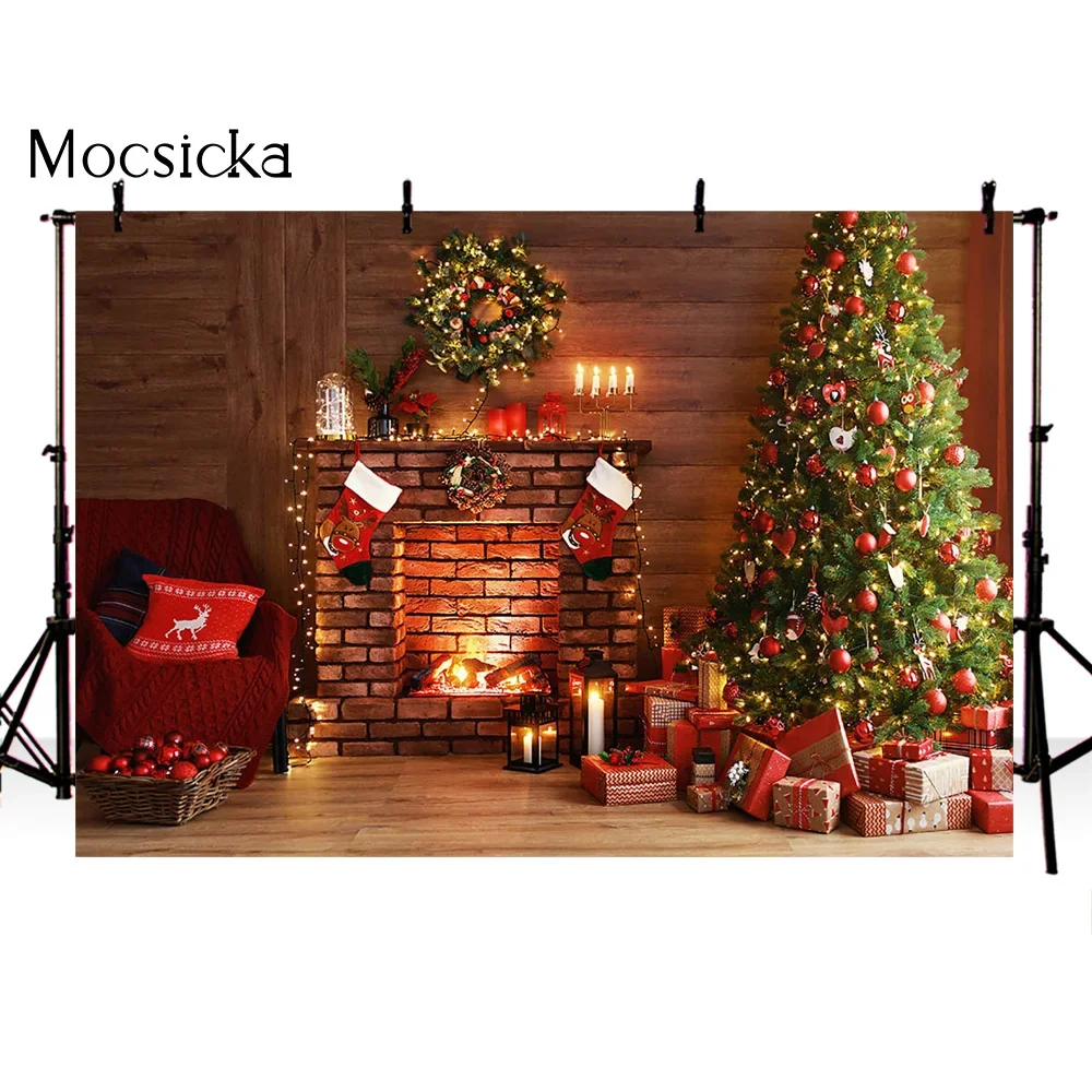 Mocsicka Merry Christmas Backdrop Fireplace Brick Xmas Tree Background Photographic Kid Family Photobooth Props Studio Photocall