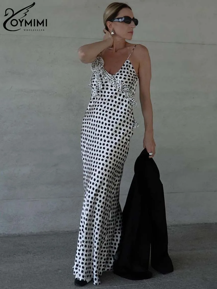 

Oymimi Summer White Print Women's Dress Fashion Spaghetti Strap Open Back Ruffled Dresses Elegant Straight Floor-Length Dresses