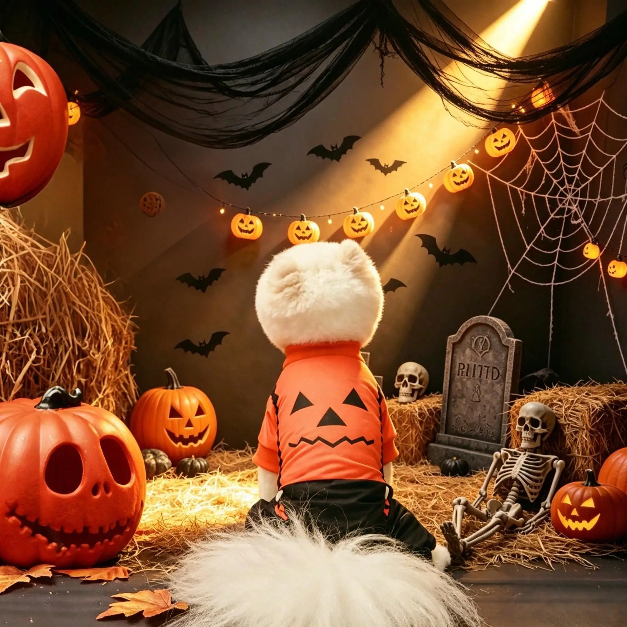 Halloween-Hundepyjama mit Kürbis-Jack-O-Lantern-Gesicht, Haustier-Onesie, 4-beiniger Welpen-Jumpsuit, Festtagskleidung für kleine und mittelgroße Hunde und Katzen – Detail 2