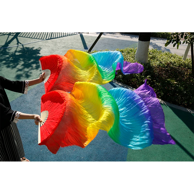 High Quality Chinese Silk Belly Dance Fan 100% Real Silk 120cm/150cm/180cm Rainbow Striped Fan Wholesale Handmade Dance Props