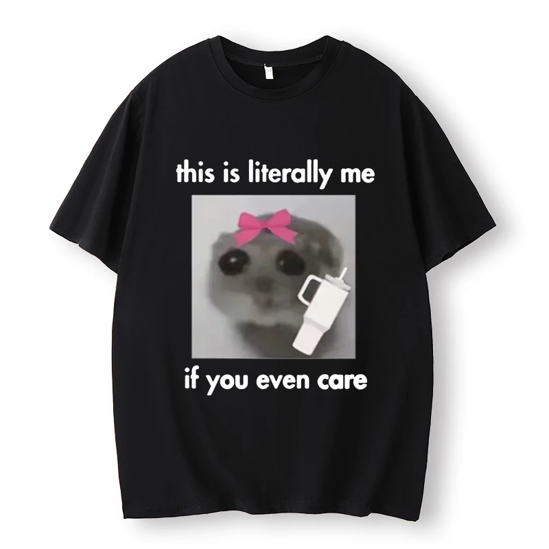 Funny Sad Hamster Meme Crying Big Eyes Cute Mouse T-Shirt,Men Women Summer Fashion Vintage Casual Oversized T-Shirt Streetwear