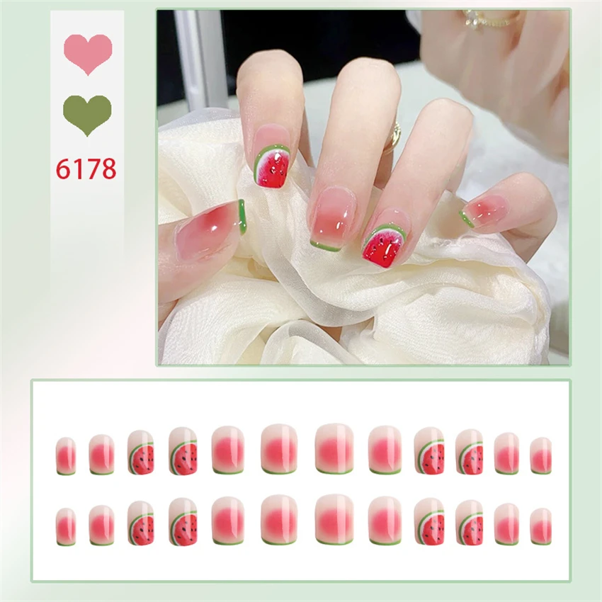 24Pcs/Set Cute Playful Fresh French Wearing False Nails Full Coverage Adhesive Press on Nails Removable Acrylic Fake Nail Art