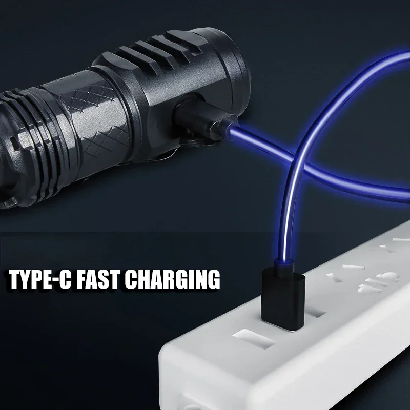 مصباح يدوي LED عالي الطاقة، بطارية مدمجة من النوع C قابلة لإعادة الشحن مع مشبك قلم، فانوس طوارئ للتخييم في الهواء الطلق