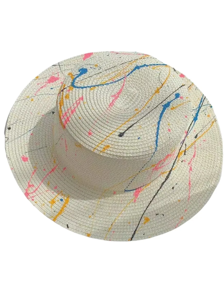 

Handmade Doodle Design Straw Hat Female Summer Small Fresh Straw Sunshade Sun Protection Hat Panama Jazz Top Hat Ins