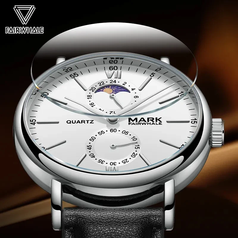 Mark Fairwhale-Reloj sencillo de lujo para hombre, pulsera de cuarzo resistente al agua con correa de cuero marrón, fase lunar, 2023