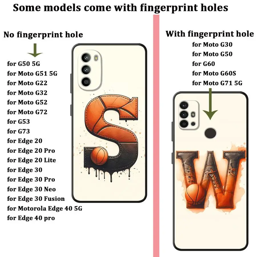 Case for Motorola Moto G51 G73 Edge 20 Pro 30 Lite G22 Edge40 G52 G50 G32 G60s G53 G30 G71 Phone Cover Basketball Letter S W view 6