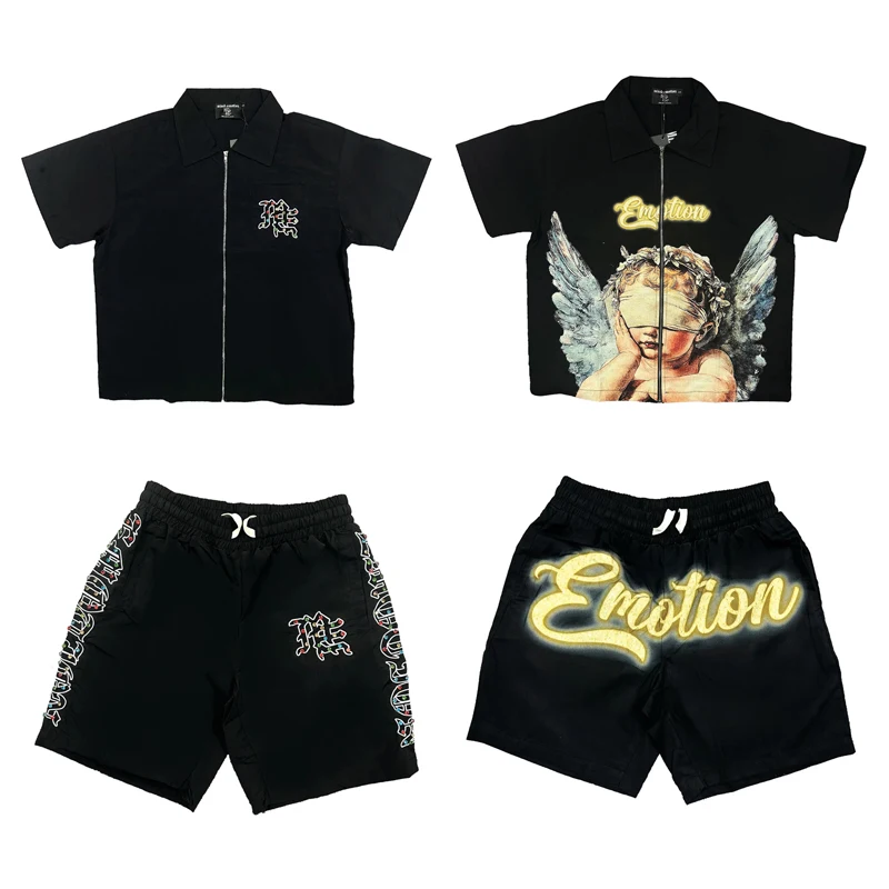 Ropa de calle para hombre, camisas de emoción mixta, pantalones cortos, Logo clásico de diamante, estampado de letras de Ángel, pantalones informales de manga corta negros que combinan con todo