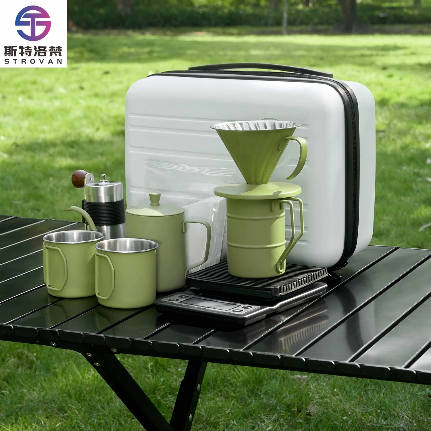 

WestGreen Outdoor Stainless Steel Coffee Travel Sets Tools with Pour Over Pot Manual Grinder Cups Hand Coffee Maker Kit