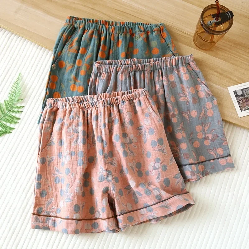 

Women Pajama Pants Fall Vintage Jacquard Cotton Gauze Thin Loose Pocket Shorts Lounge Pants Beach Pants Plus Size Sleeping Pants