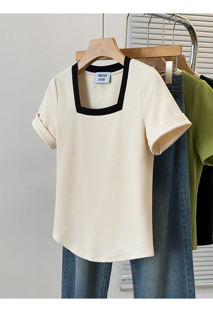 Top damski Plus Size prawdziwy strzał 2024 lato nowa gruba dziewczyna moda wszechstronna kontrastowa kolorowa kwadratowa T-shirt z krótkim rękawem z