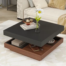 Modern Square 360°Rotating Coffee Table with Three Detachable Tray, Farmhouse Wood Center Table with Storage for Living Room
