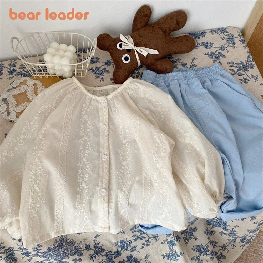 Bear Leader Girls' Clothing Autumn New Girl Sweet Embroidery Lantern Sleeve Top Fashion Cute Little Girl Long Sleeve Shirt