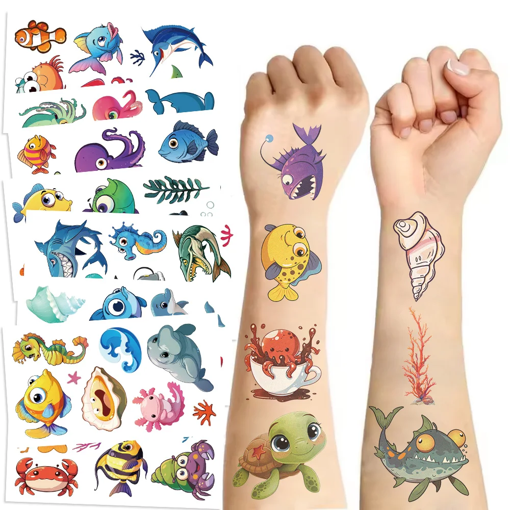 10 Blatt/Set Ozean Fisch Wal Gefälschte Tattoo Aufkleber Cartoon Marine Leben Temporäre Tattoos DIY Körper Arme Kunst Tattoo Aufkleber