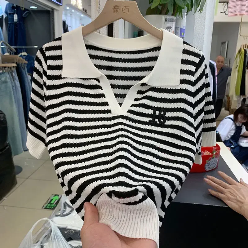 Women Short Sleeve Striped Polo Shirts Summer T-shirt Hollow Out Contrast Colors Patchwork Korean Fashion Casual Versatile Tops