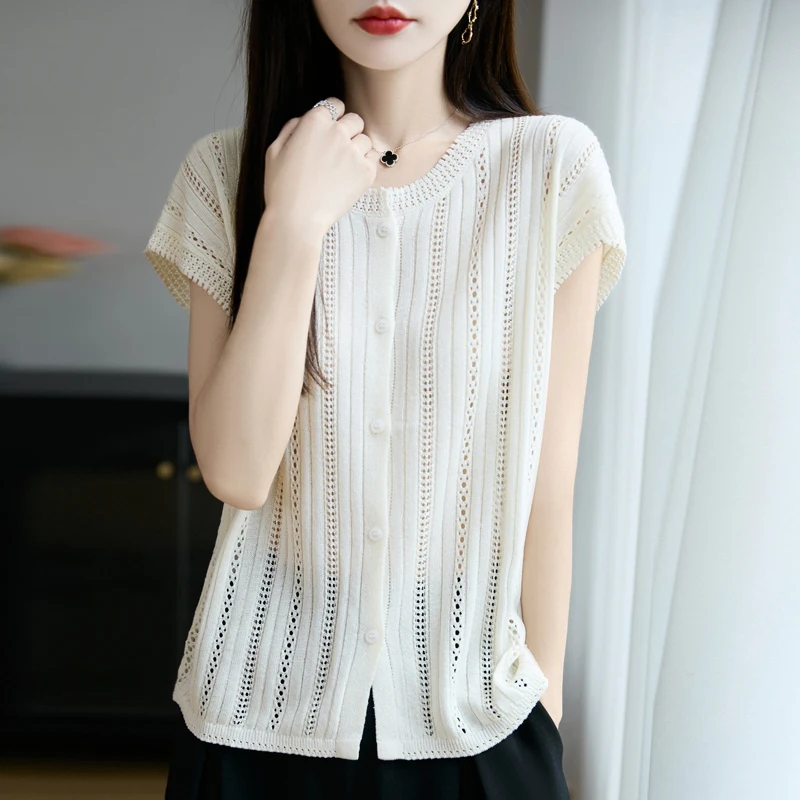 2025 Summer Hollow out style Cardigan Women Knitted Tencel Flax Blend Sweater Round Neck Short sleeves High Quality Loose Tops