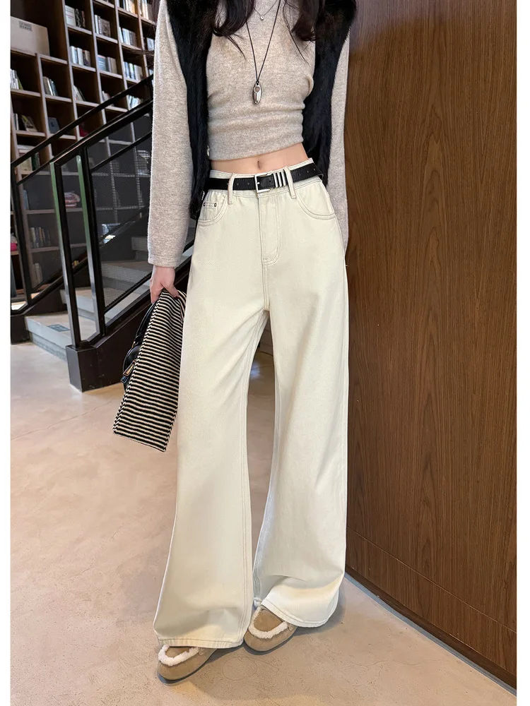 

Женские прямые джинсы для похудения, осенние, широкие, свободного кроя, в пол, с поясом, повседневные, хлопковые, на молнии