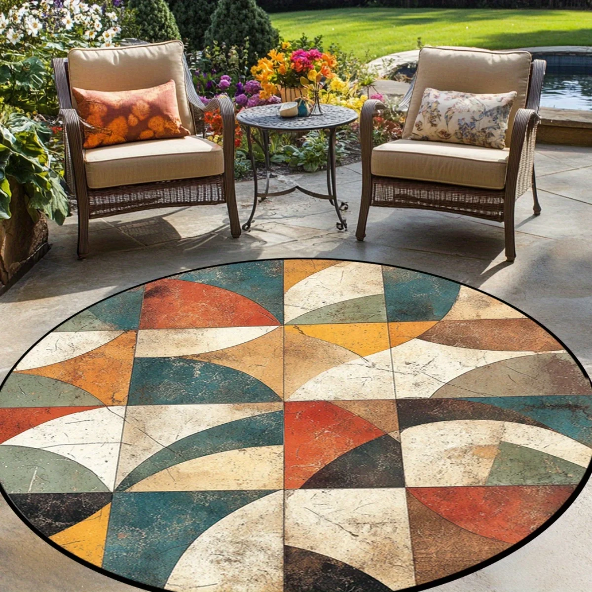 Geometric Abstract Colorful Mid-Century Modern Non-Slip Round Floor Mat Washable Decorative Area Rug for Living Room Bedroom