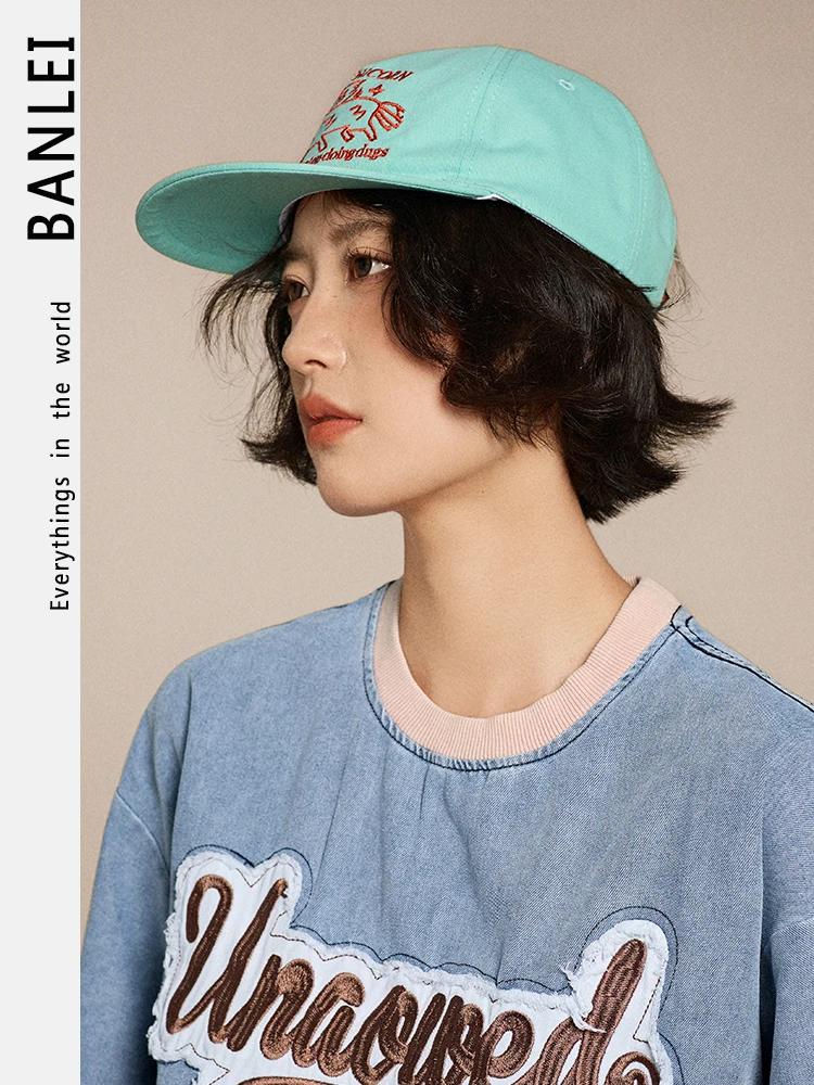 

Vintage embroidered flat-brimmed baseball cap female retro cute face little hip-hop cap