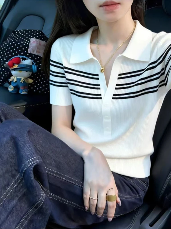 

Slim Fit Short Sleeve T-Shirt Knitwear Women's Button up Half Open Collar Casual Style Summer New Arrival Body Shaping Top