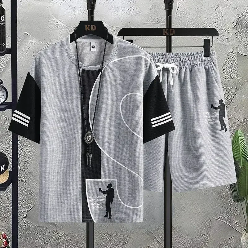 Gym Sportswear Man Sets Grey Alphabet Summer Clothes Basic Cheap Outfits T-shirts Shorts Suits For Men Slacks Original Brands