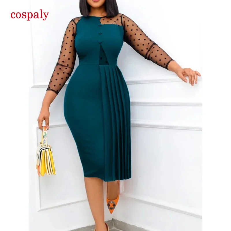 Vestido ceñido al cuerpo para mujer, manga transparente, malla de lunares, tubo de retales, plisado, transparente, ajustado, elegante, para oficina, africano Ne