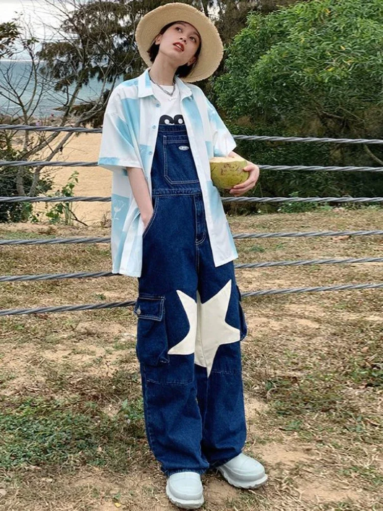 HOUZHOU Vintage Cargo Denim Pants Women Overalls Oversized Star Girl Y2k Harajuku Fashion Retro Kawaii Denim Jumpsuit Streetwear