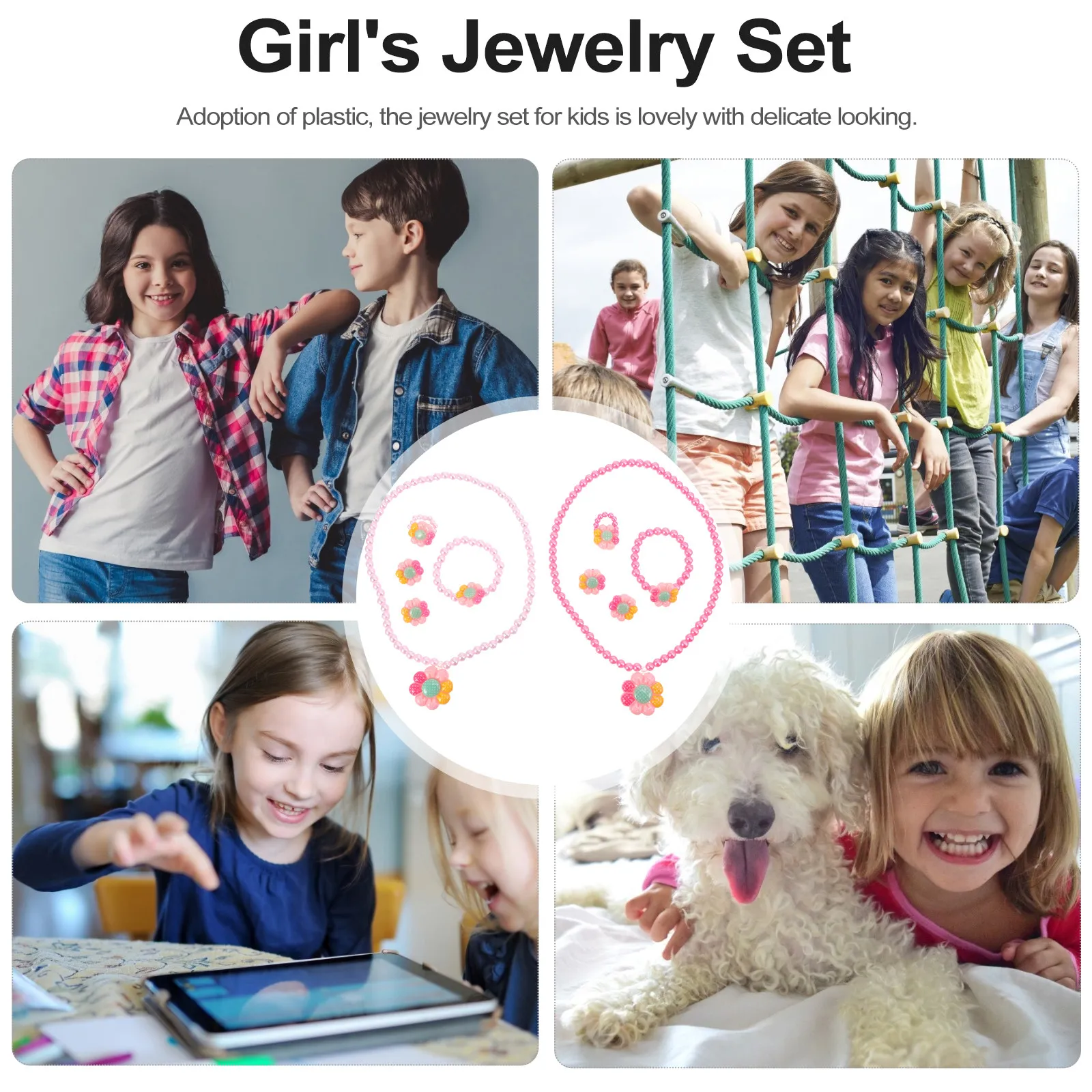 

2Sets Kids Jewelry Set Cartoon Flower Necklace Bracelet Earrings Ring Sweet Girl Gift for Birthday Party Christmas Masquerade