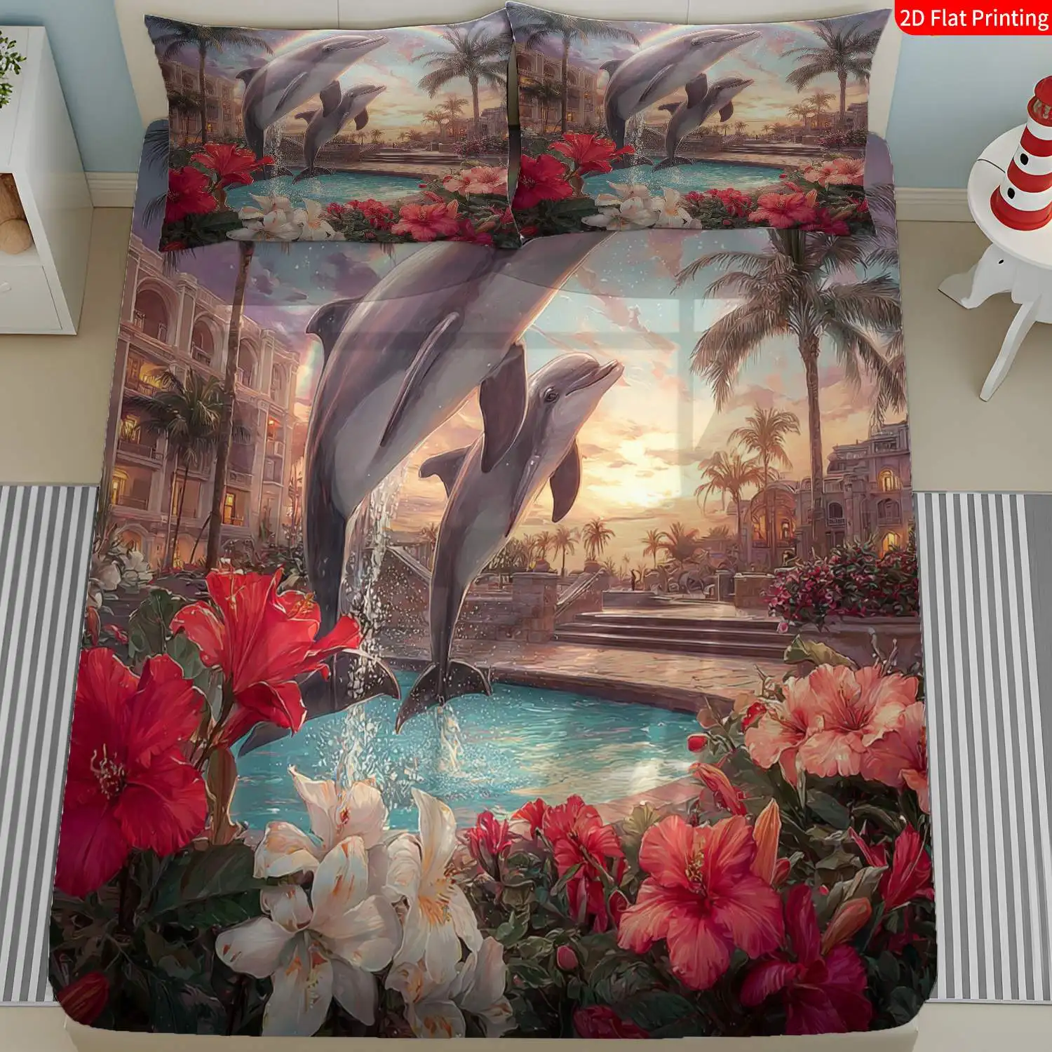 Three-Piece Fitted Sheet Set 2D Digital Printed Three-Piece Bedding Set (Includes 1 Fitted Sheet + 2 Pillowcases) 3-Piece Set, 2D Flat Print Fitted Sheet, Tropical Dolphin Rainbow Theme Bedding Floral Palm Tree Print, Resort Poolside Fitted Sheet Style, Machine Washable Design, Holiday Decoration, Various Sizes, Breathable Protective Cover, Mattress Protector, Pillowcase Included