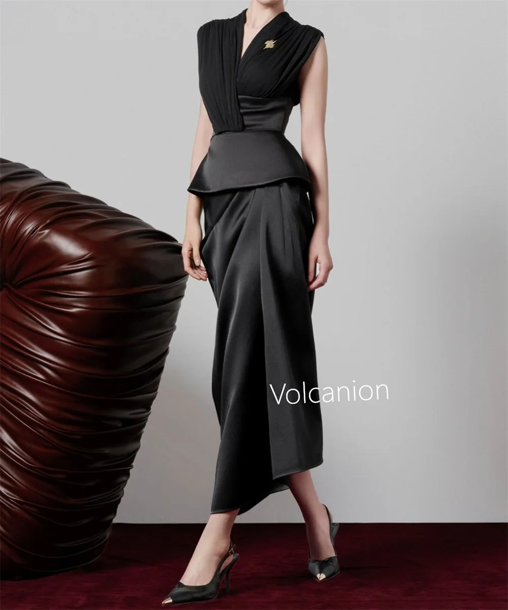 ที่กําหนดเอง Charmeuse Criss-Cross Pleat A-Line V คอ Midi ชุด Bespoke โอกาสชุดราตรีแฟชั่น Elegant