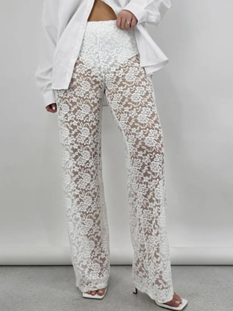 Sexy See Through Lace Pants Women Fashion Solid Color All-match High Waist Straight Trousers Club Commuting Streetwear Female