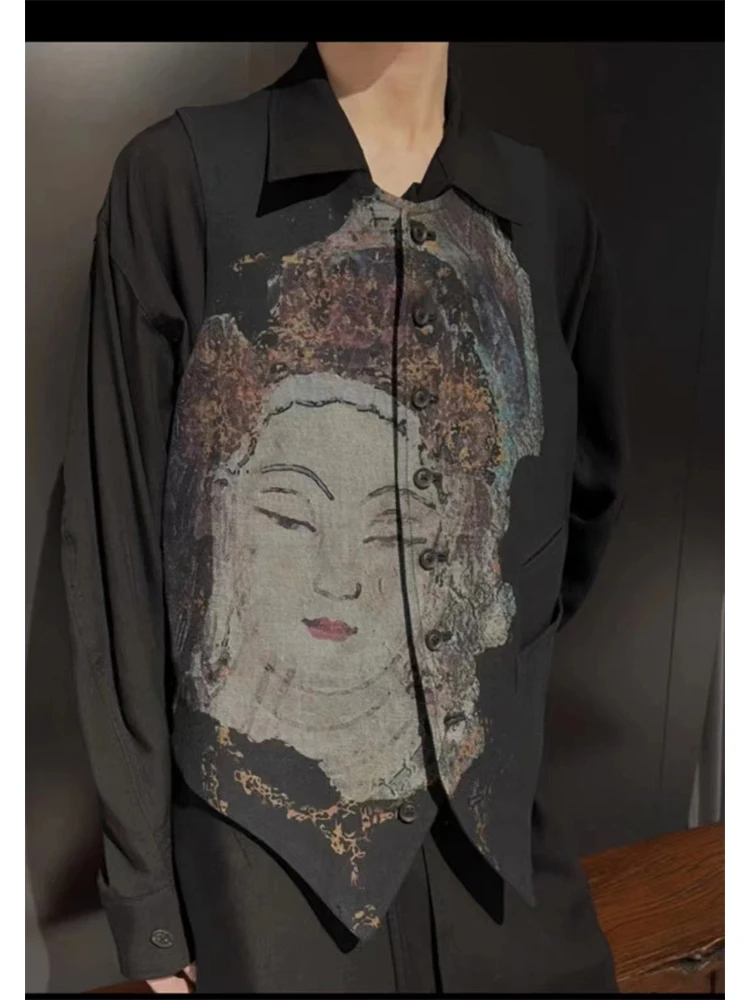 Colete casual japonês masculino, estampa Buddha Avalokitesvara, terno estilo YAMAMOTO, tecido para homens e mulheres