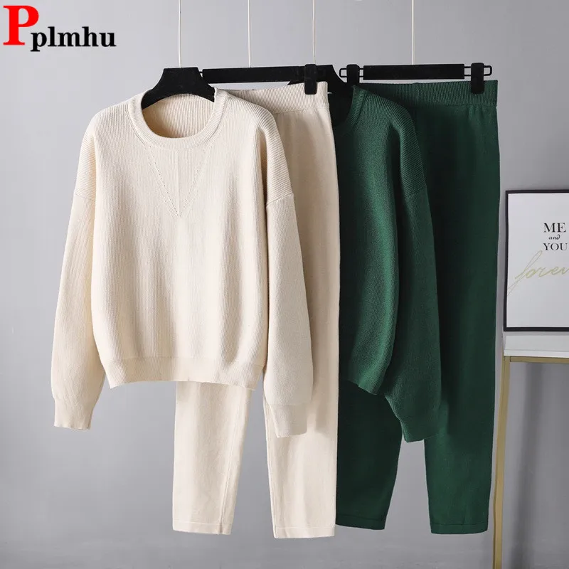 

Fall Winter Knitted 2 Pieces Sets Women O-neck Knitwears Sweater Pullover Tops Conjuntos Korean High Waist Straight Pants Outfit