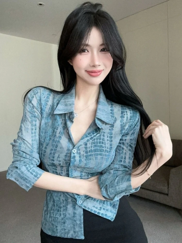 

French Vintage Blouses Turn Down Collar Long Sleeve Print Single Breasted Shirts 2025 Spring New Female Slim Women's Clothing