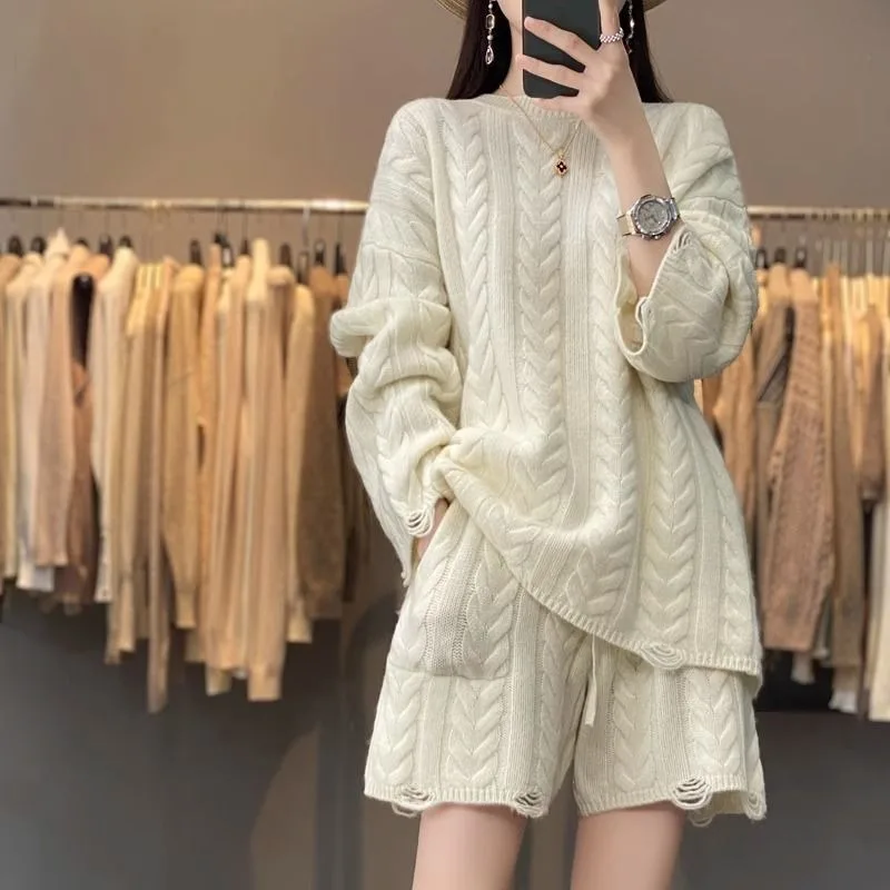 Extra Large Sweater Set Female Large Size Loose Knitwear Intensification External Penetration Long-sleeved Shorts Two-piece Lazy