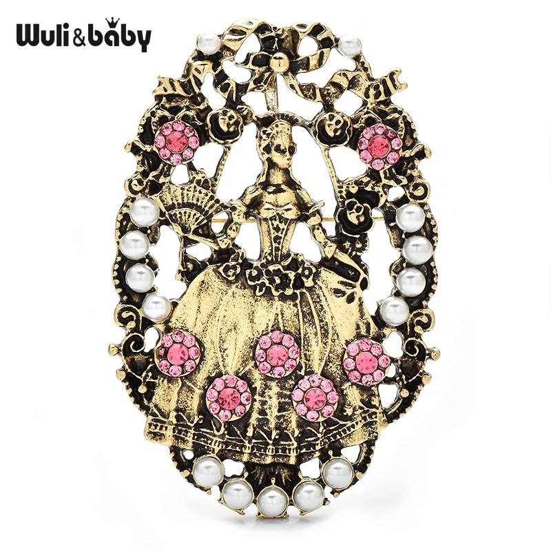 

Wuli&baby Vintage Flowers Lady Brooches For Women Wear Beautiful Dress Holding Fun Girl Pearl Round Brooch Pins Gifts