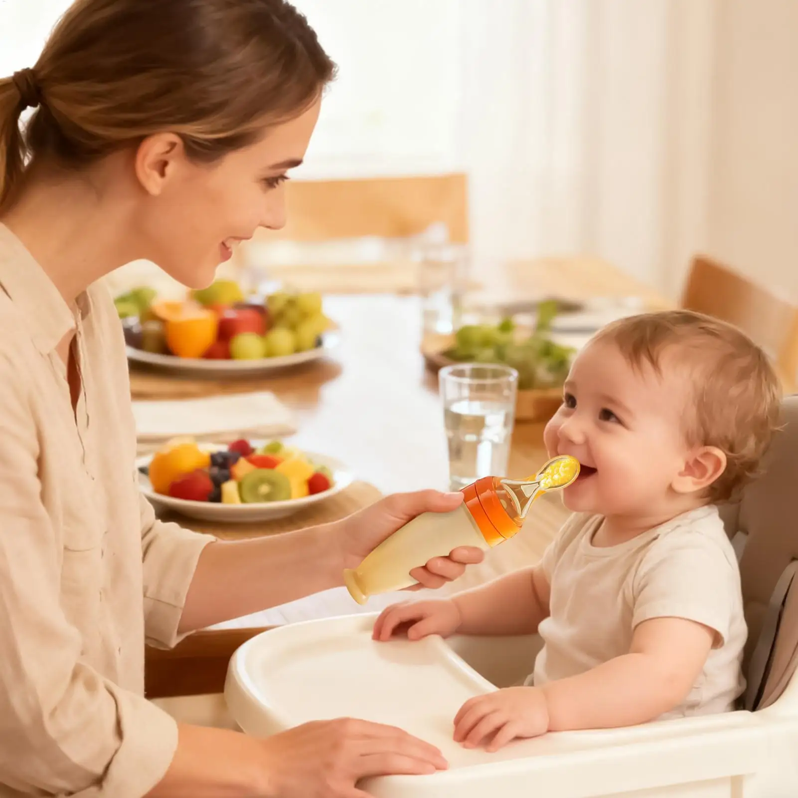 

Baby Feeding Spoon Heat-Resistant Squeeze Dispenser With Standing Base Squeeze Feeding Spoons With Suction Cup For Cereal Puree