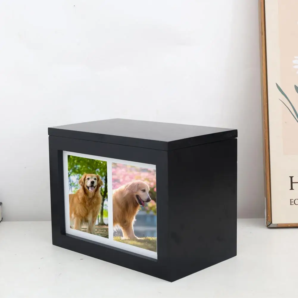 Hinged Lid Pet Urn Pet Ash Keepsake Box Black Wooden Pet Urn with Hinged Lid Capacity Dog Ash Container Double Photo for Cats
