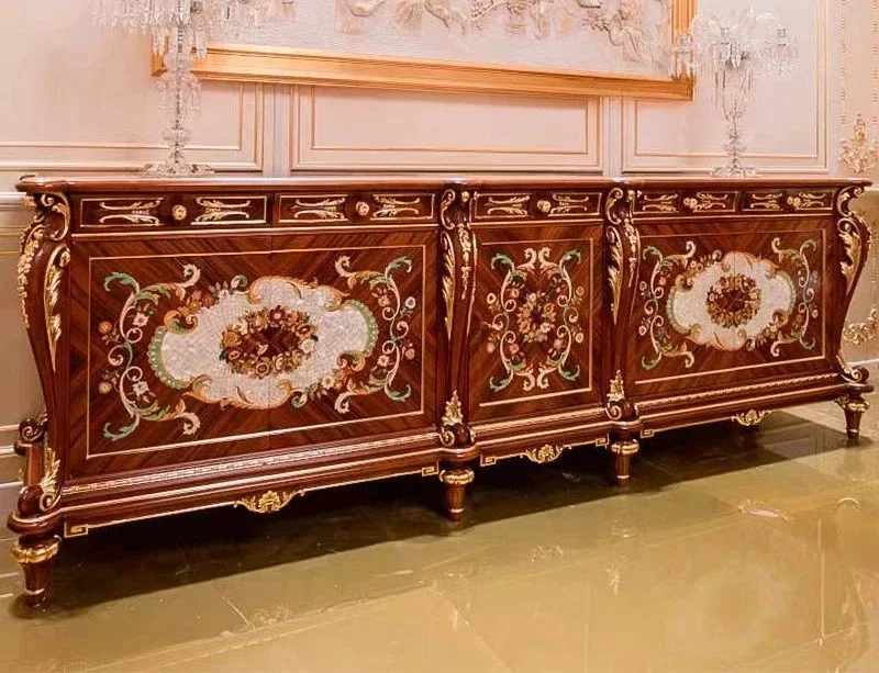 New Chinese classical solid wood carving flower display cabinet French foyer entrance table shell parquet dining side storage