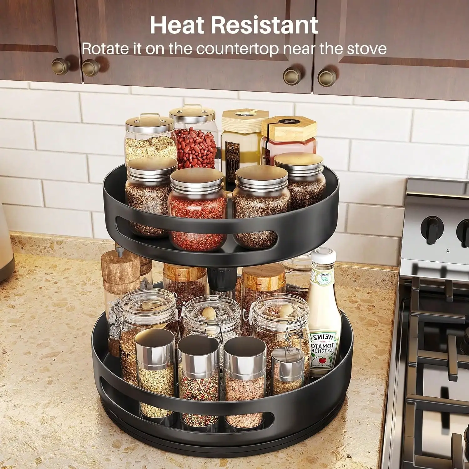 2 Tier Lazy Susan Turntable With Adjustable Height, Sturdy Metal Seasoning Holder For Cabinet, Countertop And Pantry Kitchen Organization.